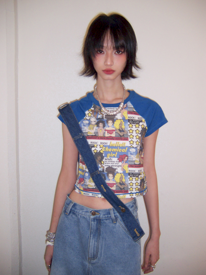 Manga Full Print Short Plunging Short Sleeve T-Shirt【s0000012433】