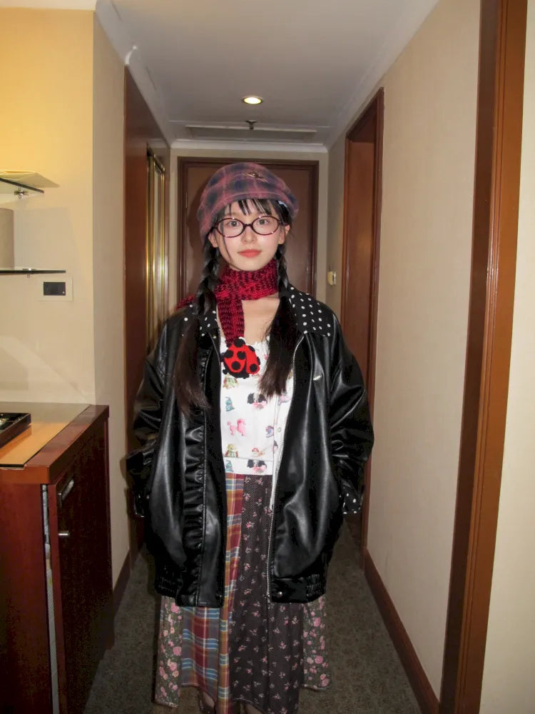 Lace-Trimmed Oversized Leather Jacket【s0000014167】