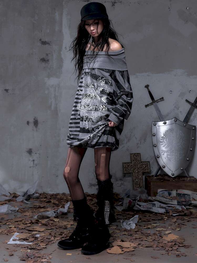 Striped Print Loose Bat Sleeve Dress【s0000014658】