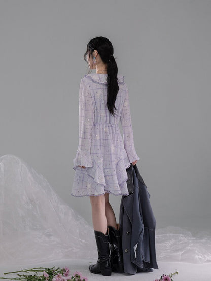 Purple Butterfly Print Ruffled Dress【s0000015739】