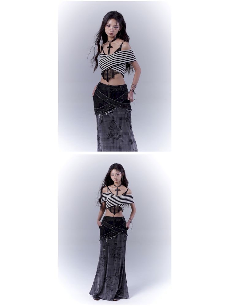 One-shoulder striped hot bustier top【s0000012839】