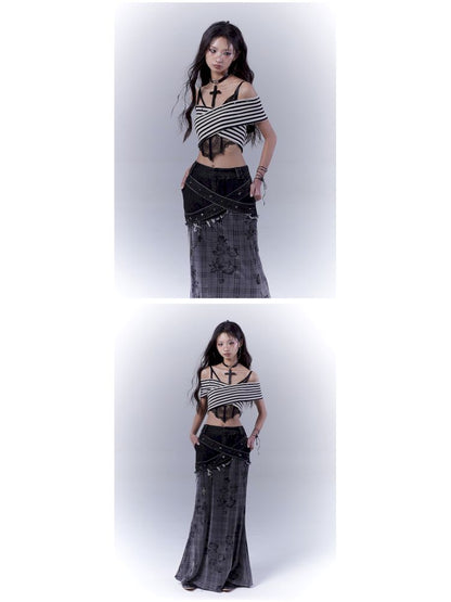 One-shoulder striped hot bustier top【s0000012839】