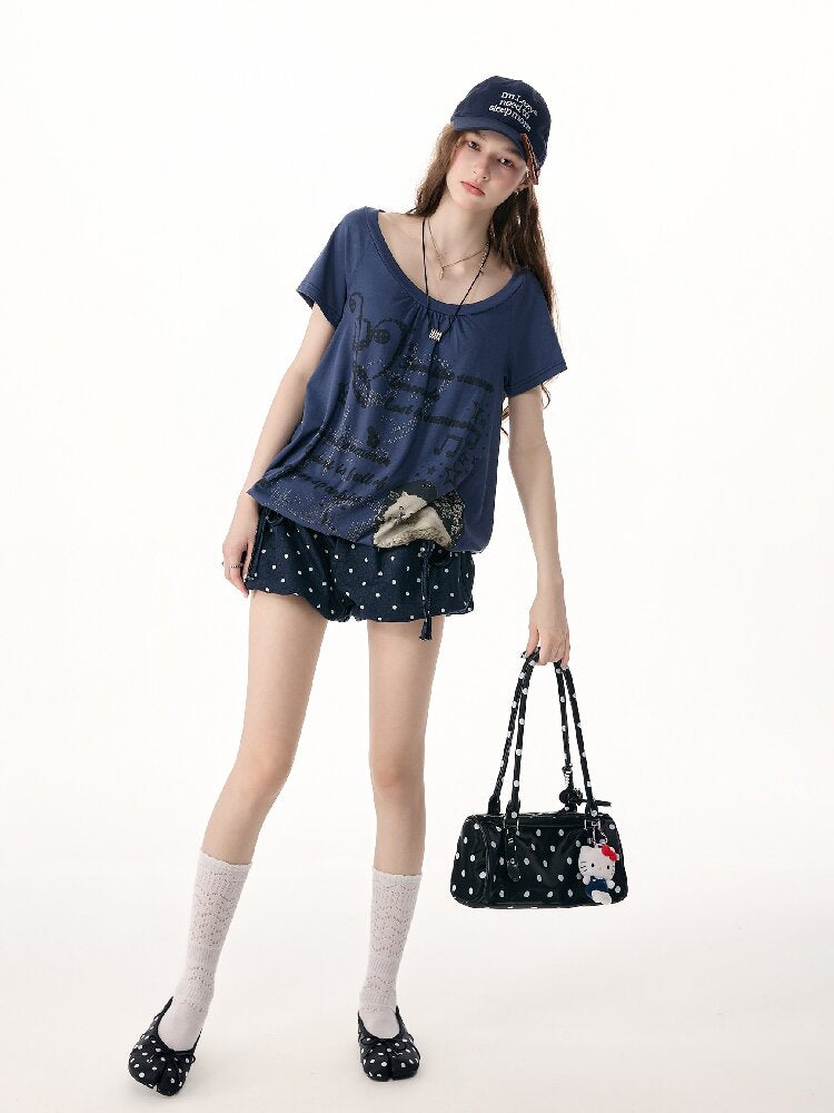 Cat Print Lazy Drawstring T-Shirt【s0000017253】