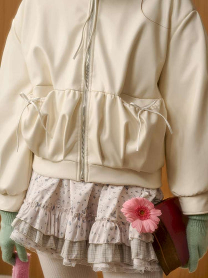 Cream Leather Doll Collar Leather Jacket【s0000014885】