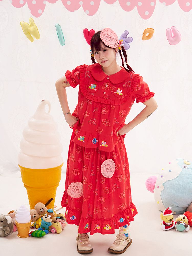 Animal angel heavy embroidery red doll shirt【s0000013184】