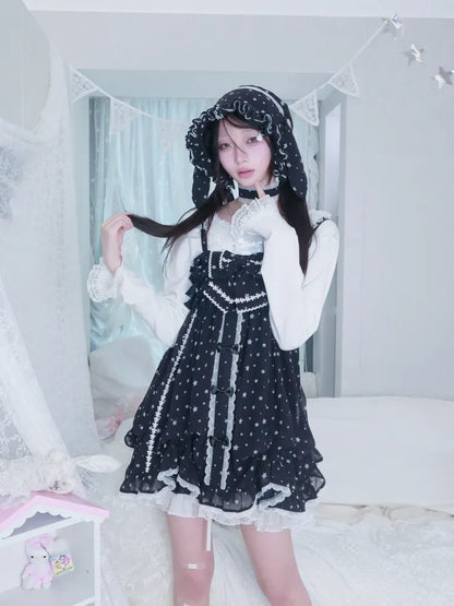 Polka Dot Floral Bud Chiffon Spaghetti Strap Dress【s0000013971】