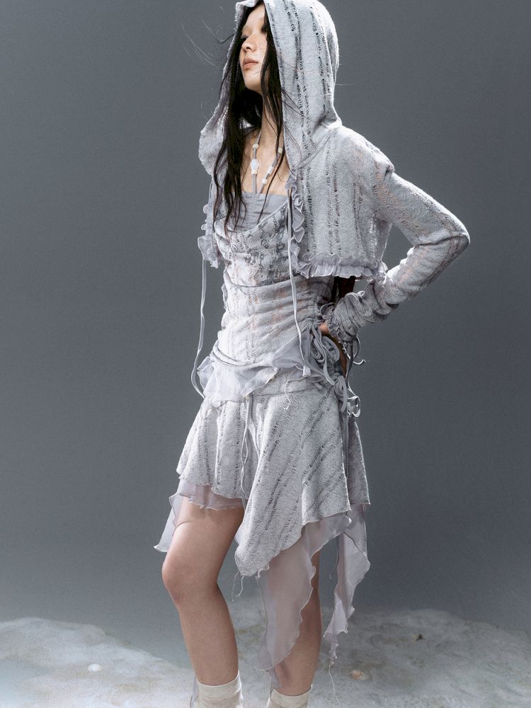 Ruffle Misty Blue Hooded Tunic【s0000012642】