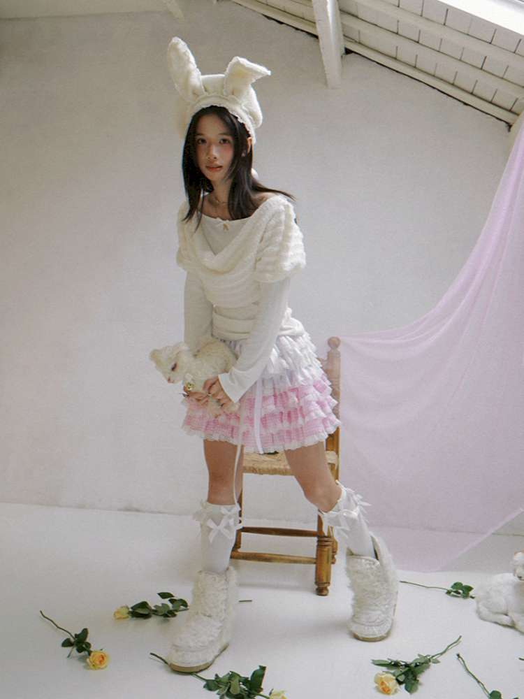 Pink Grid Gradient Lace Short Skirt【s0000014940】