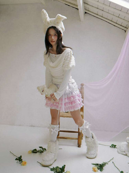 Pink Grid Gradient Lace Short Skirt【s0000014940】