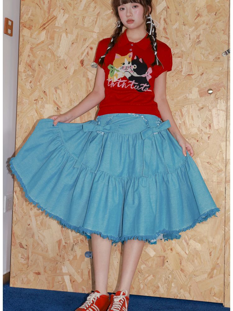 Bow Fringe Patchwork Denim Skirt【s0000013928】