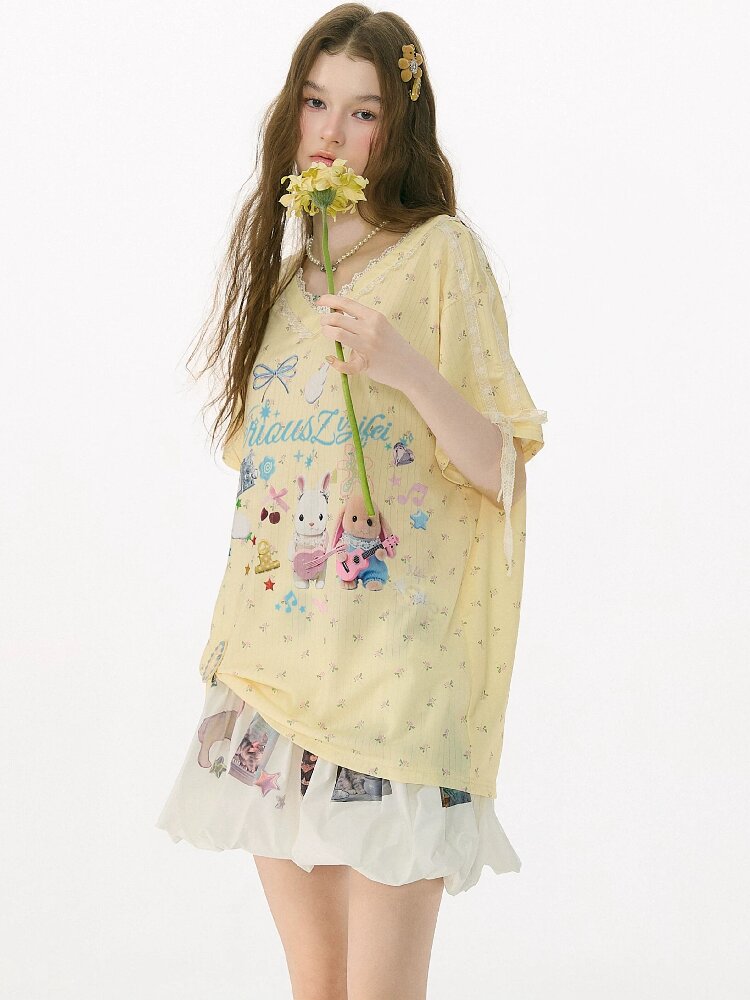 Childlike Cartoon Lace Floral T Shirt【s0000017156】