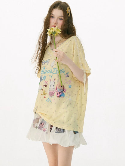 Childlike Cartoon Lace Floral T Shirt【s0000017156】