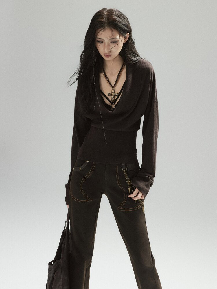 Coffee Low-Rise Leather Slacks【s0000015606】