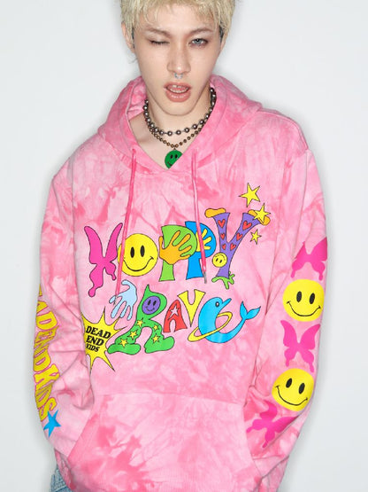 Smiley Pink Tie-Dye Hooded Sweatshirt [S0000010262]