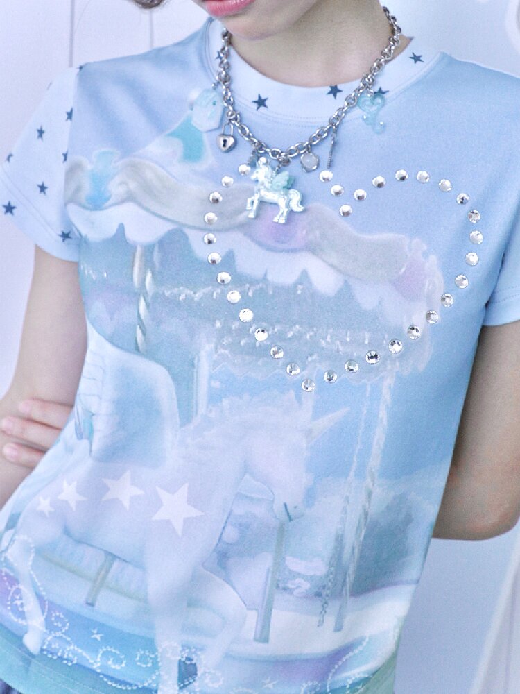 Rhinestone Unicorn Stitching Tee【s0000017132】