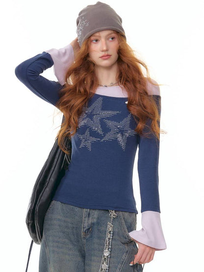 Star Print Dark Blue Long Sleeve T-Shirt【s0000014361】