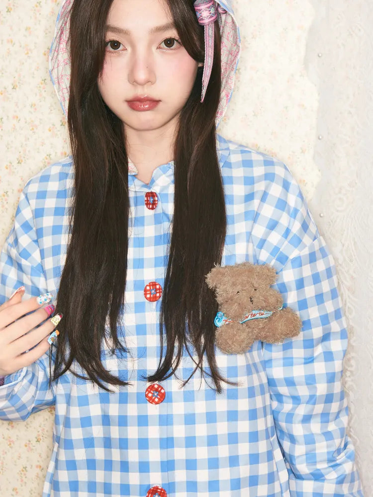 Blue plaid detachable-hood trench coat【s0000014149】