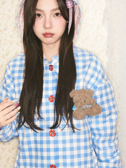 Blue plaid detachable-hood trench coat【s0000014149】