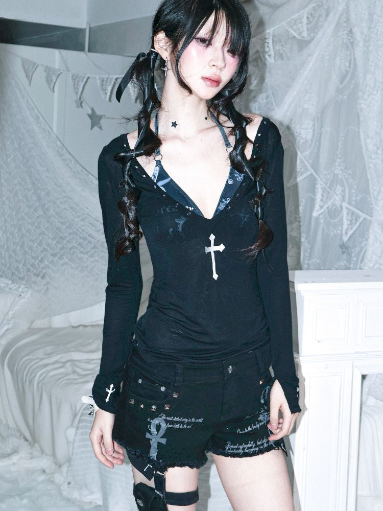 Studded denim shorts【s0000012697】