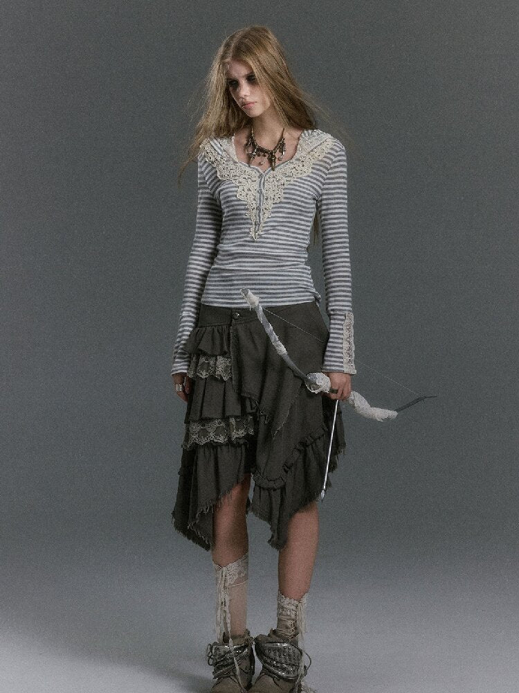 Lace Patchwork Striped Knit Top【s0000019240】