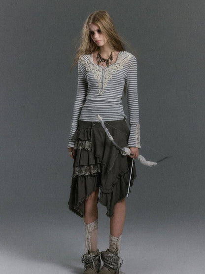 Lace Patchwork Striped Knit Top【s0000019240】