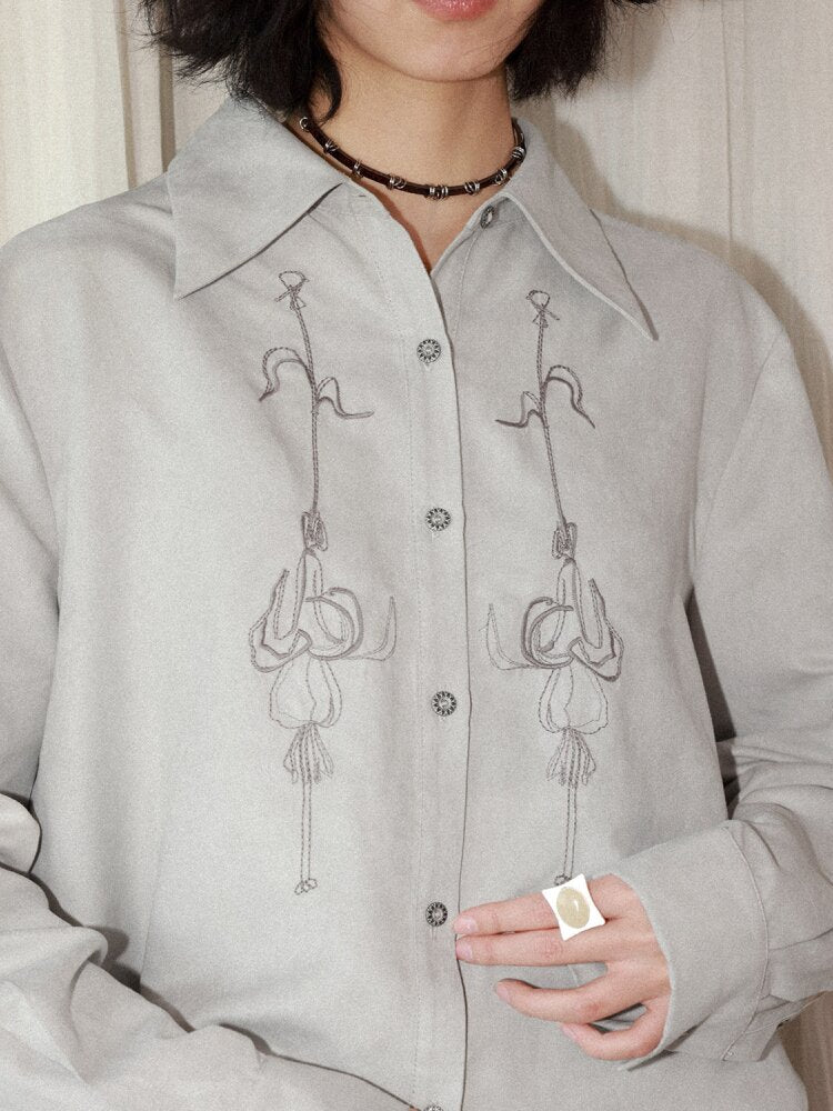 Suede Embroidered Lantern Sleeve Top【s0000015461】
