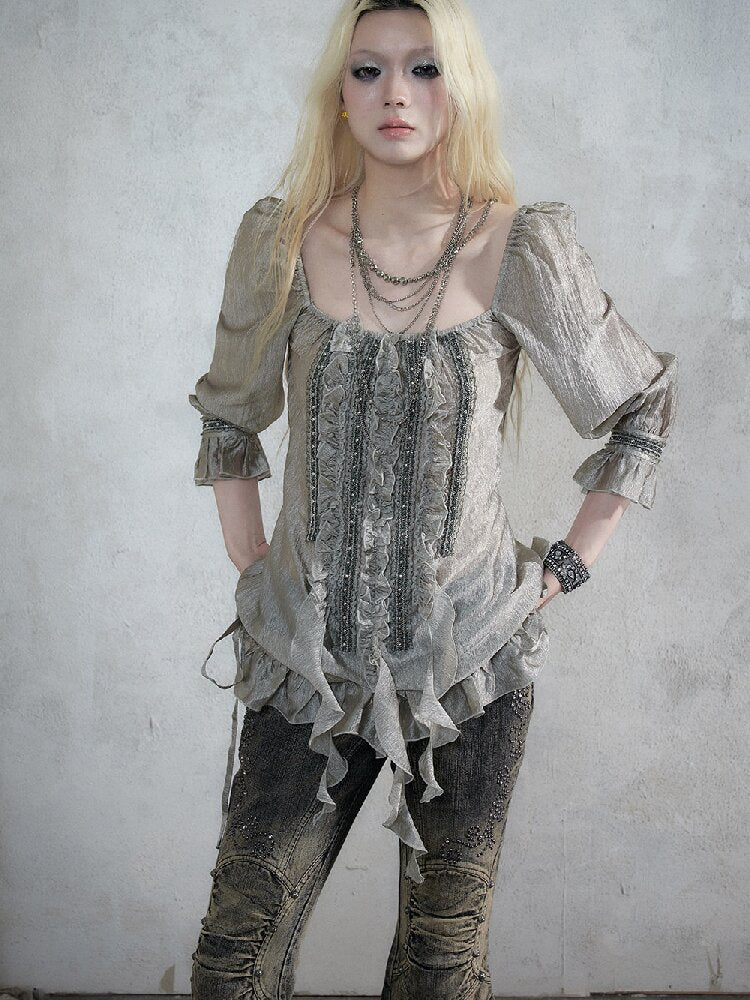 Court Acetate Puff Sleeve Top【s0000017991】