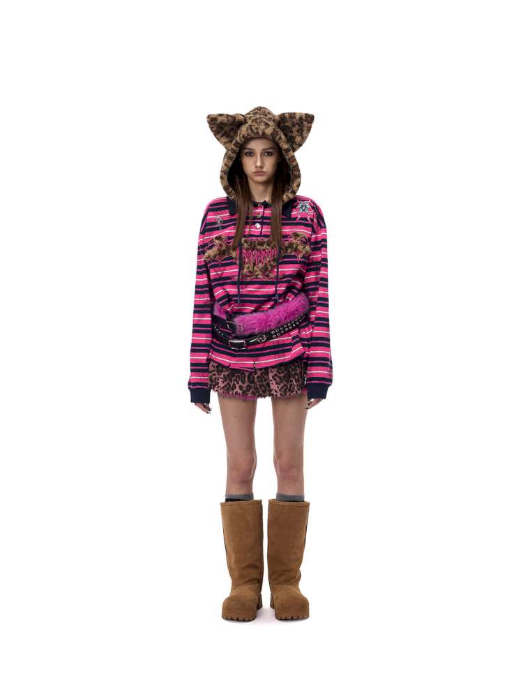 Pink Striped Leopard Cat Ear Hood【s0000015115】