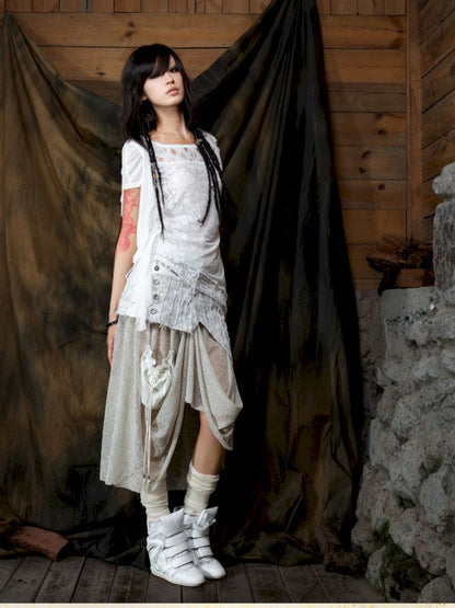 Patchwork Versatile Mesh Asymmetric Skirt【s0000013898】