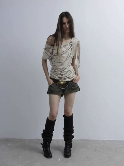 Fringe Shirred Diamond T-Shirt【s0000016568】