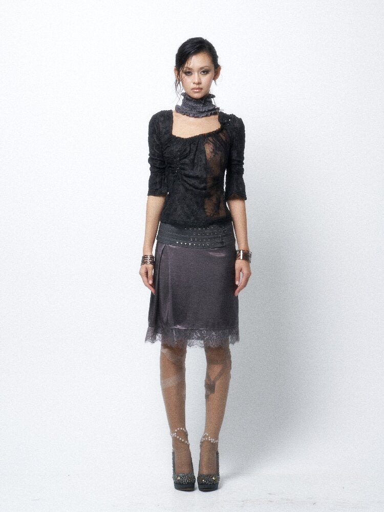 Studded Satin Lace Panelled Skirt【s0000016068】