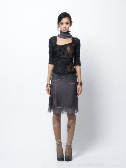 Studded Satin Lace Panelled Skirt【s0000016068】