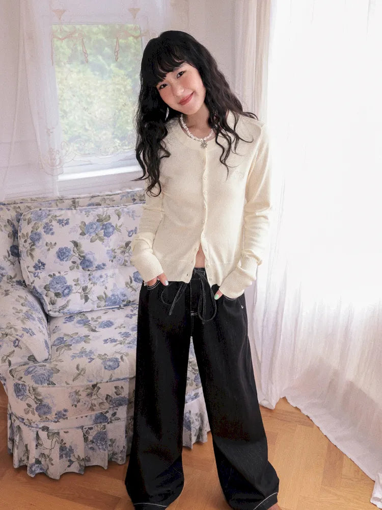 Washed elastic-waist wide-leg long jeans【s0000013990】