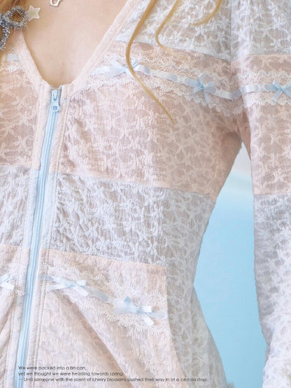 Blue Pink Sheer Lace Hooded Layer【s0000016369】