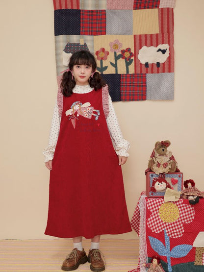 Lace Corduroy Red Vest Dress【s0000010346】