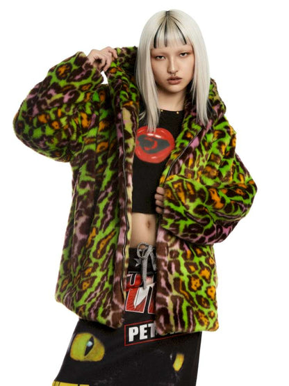 Y2K Leopard Print Cool Fur Hooded Jacket【s0000014911】