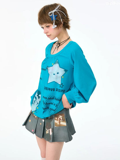 Lantern Sleeve Cat Print T-Shirt【s0000017877】