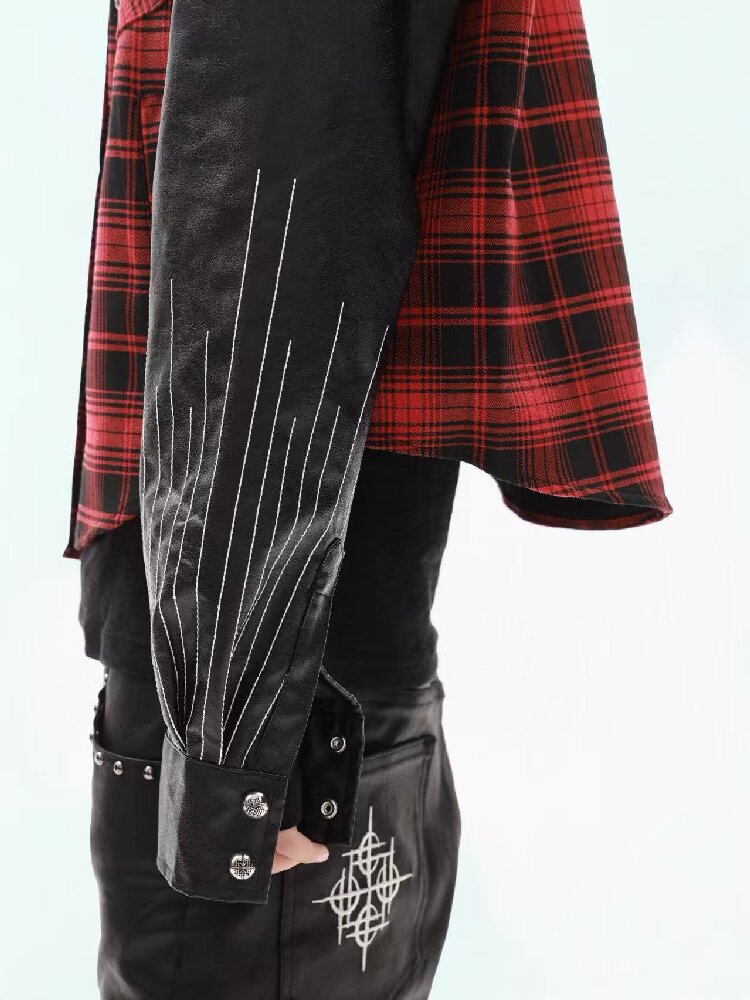 Embroidery Slogan Plaid Leather Jacket【s0000018353】
