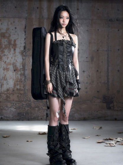 Patchwork Lattice Waisted Dress【s0000013889】