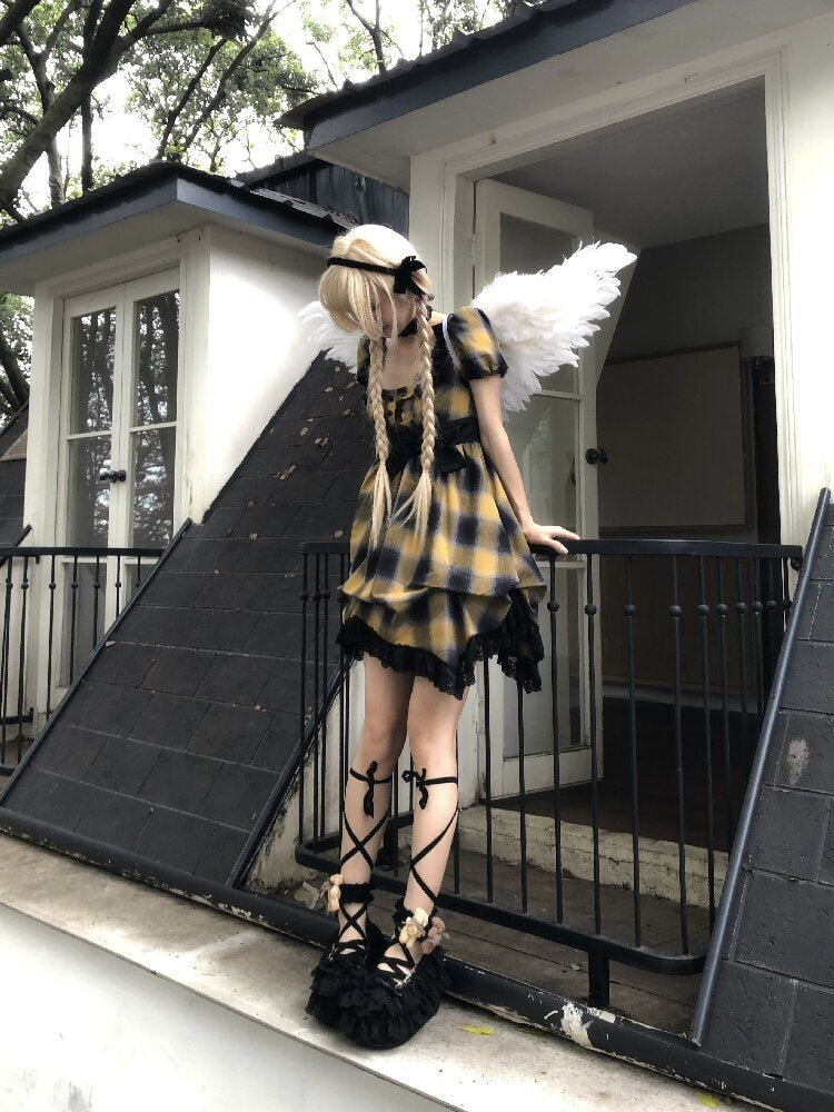 Plaid Puff Sleeve Lantern Dress【s0000016892】