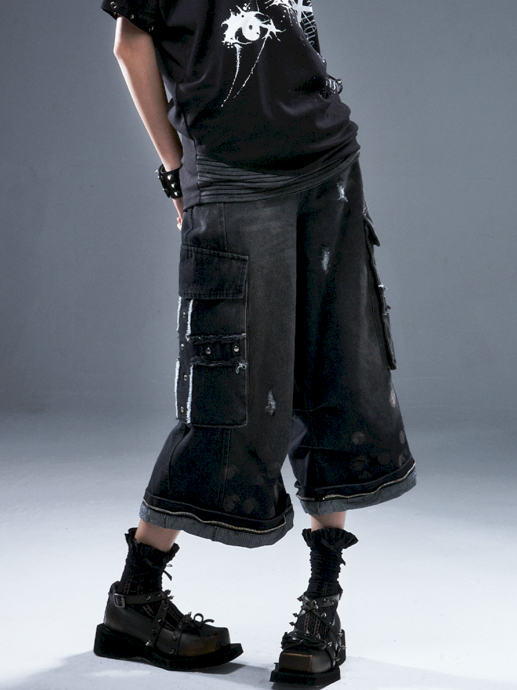 Denim Ripped Knee-Length Pants【s0000012942】