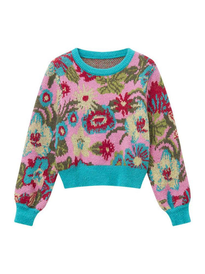 Pink Green Flower Knitted Sweater【s0000015370】