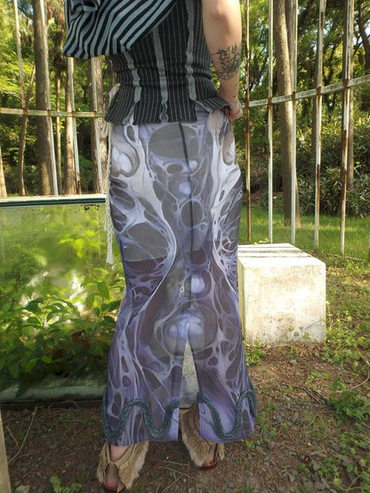 Printed Shaped Slit Mesh Half-body Dress【s0000012466】