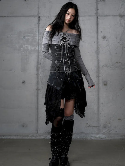 Rhinestone Off-Shoulder Long-Sleeve T-Shirt【s0000014118】