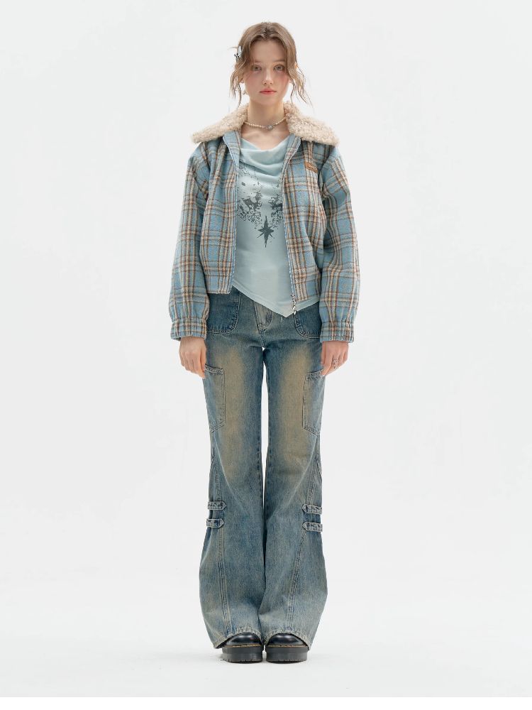 모피 칼라 슬림 블루 격자 무늬 짧은 코트 [S0000011507]