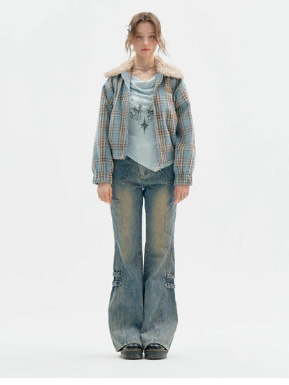 모피 칼라 슬림 블루 격자 무늬 짧은 코트 [S0000011507]