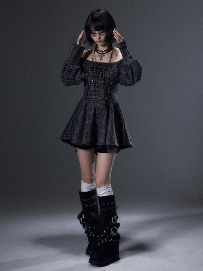 Vintage Plaid Off-Shoulder Dress【s0000018002】