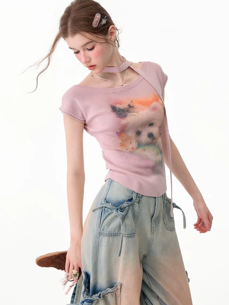 Puppy Print Slim Knitted Short T【s0000017671】