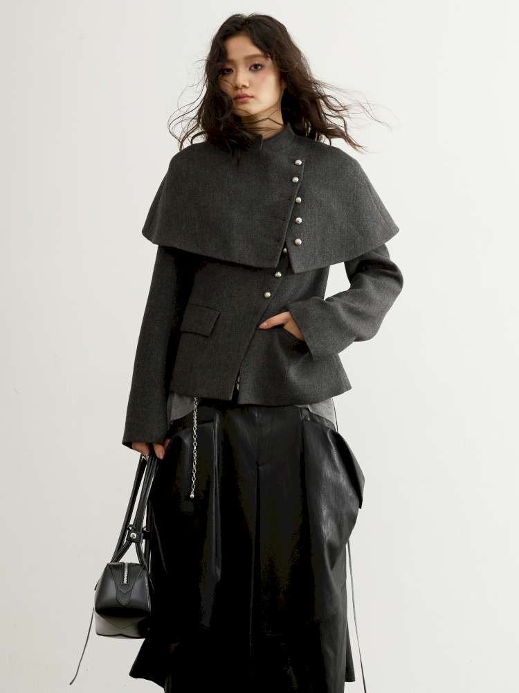Removable Cape Gray Tweed Coat【s0000015192】