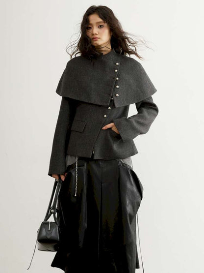 Removable Cape Gray Tweed Coat【s0000015192】